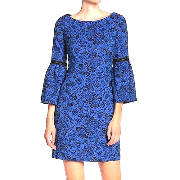 Laundry by Shelli Segal Floral Bell Sleeve Stretch Jacquard Knit Dress 12 - Picture 1 of 9